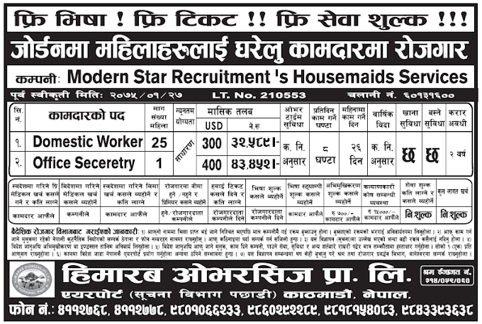 Free Visa Free Ticket Jobs in Jordan for Nepali, Salary Rs 43,452