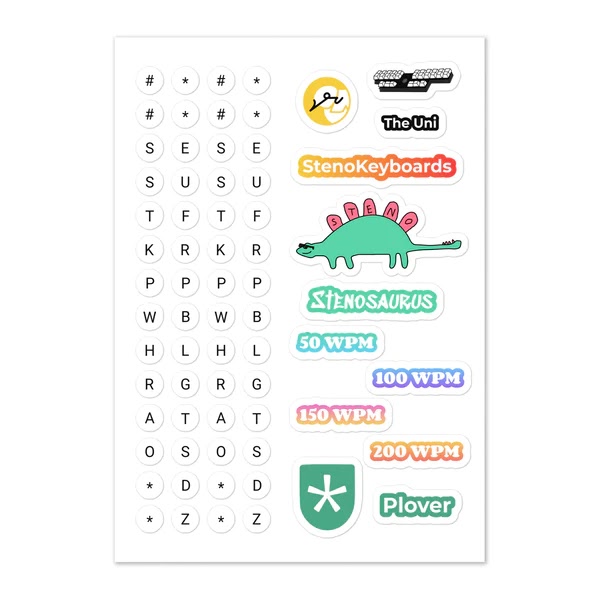 sticker sheet featuring a plover, a stenosaurus, and several steno-specific letter stickers