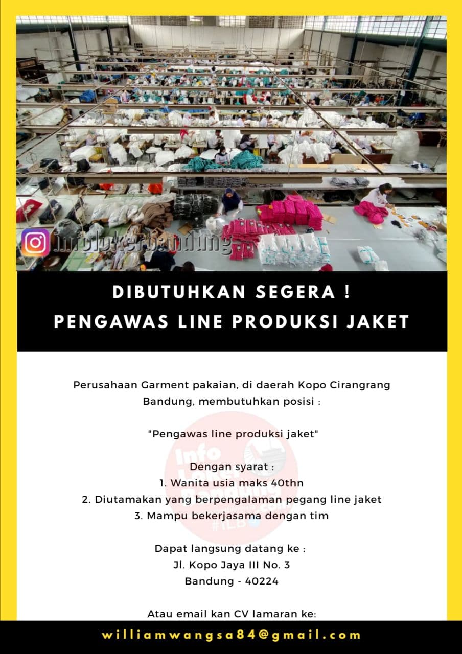 Lowongan Kerja Pengawas Line Produksi Jaket Perusahaan Garment Bandung Januari 2021