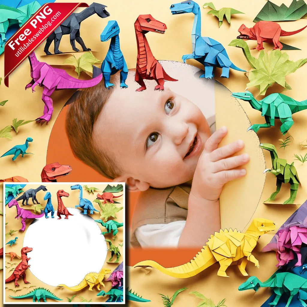 marco para fotos con dinosaurios de papercraft en png con fondo transparente para descargar gratis