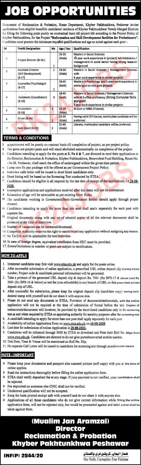 Home Department KPK Jobs 2020 for Project Director and Asst Director