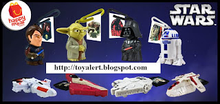 McDonalds Star Wars Toys 2010 includes 4 Treasure Keepers including Anakin, Yoda, Darth Vader and R2D2 plus four Starship Launchers Jedi Starfighter, Republic Gunship, Millenium Falcon and X-Wing Fighter toys