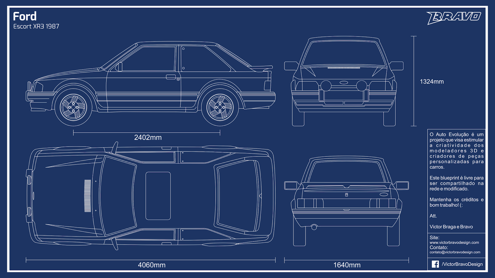 Imagem do blueprint do Ford Escort XR3 1987