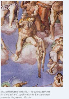 شرح الصورة: من أعمال مايكل آنجلو جدارية في كنيسة روما، يظهر فيها شكل جلد الإنسان. 