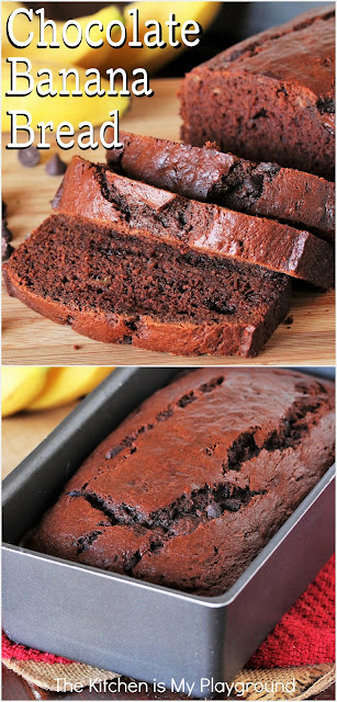 Chocolate Banana Bread ~ Moist & tender from buttermilk, and loaded with chocolate from cocoa & chocolate chips, this is one loaf of banana bread sure to be loved by all.  www.thekitchenismyplayground.com