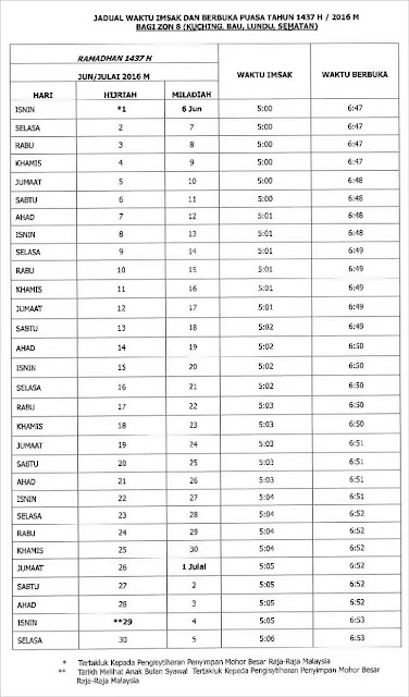 Sarawak 2016 Jadual Buka Puasa Dan Imsak