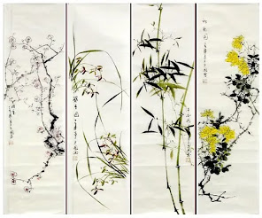 A 4 Gentleman type painting with yellow chrysanthemums on the far right