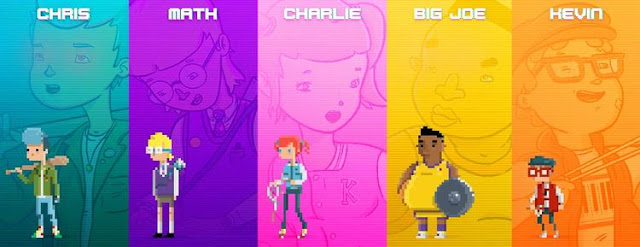 Crossing Souls - The five playable characters, Chris, Math, Charlie, Big Joe, and Kevin