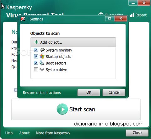 Removendo virus usando o Kaspersky Virus Removal Tool. 