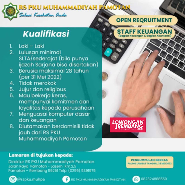 Lowongan Kerja Pegawai Staff Keuangan RS PKU Muhammadiyah Pamotan Rembang