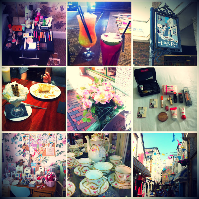 9 square photos from left to right and down: selection of makeup and brushes laid out on bedside cabinet, orange cocktail and pink cocktail, 'The lanes' vintage street sign, ice cream dessert, pink flowers in bicycle basket, makeup laid out on bed,  Cath Kidston shop stationery display, pink and gold floral tea set, lane with colourful bunting