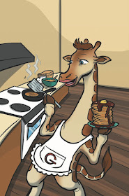 In Ginny Jordan's book, "What's Making Walter C. Laugh?" kids try to figure out, is it the giraffe cooking pancakes?