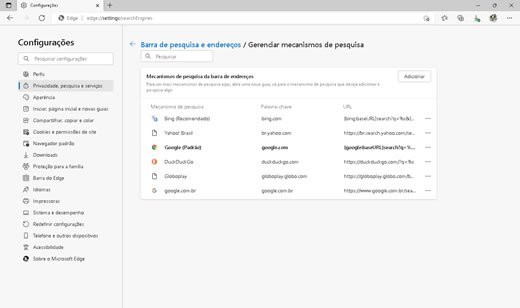 Alterar o mecanismo de pesquisa do Microsoft Edge