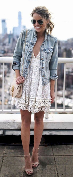 what to wear with a white lace dress : nude sandals + bag + denim jacket