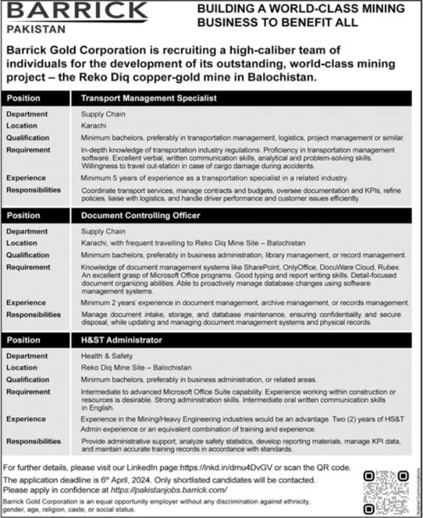 Jobs Barrick Balochistan Pakistan Gold Corporation 2024