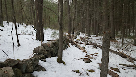 stone wall sticks up out of the snow in the woods
