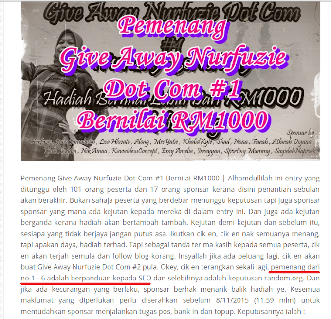 Menang Tempat Pertama Give away Nurfuzie Dot Com