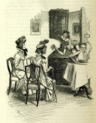 Emma Woodhouse calls on Miss Bates by Hugh Thomson in Pride and Prejudice by Jane Austen 1896 edition