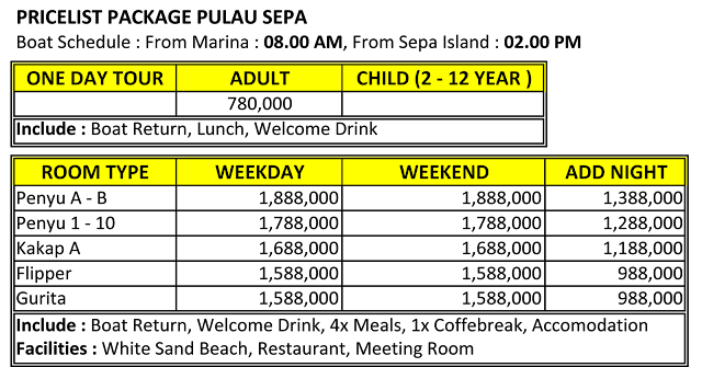 Price List Pulau Sepa 2016