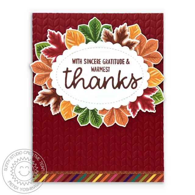 Sunny Studio Warmest Thanks Layered Leaves Fall Card (using Crisp Autumn, Words of Gratitude Stamps, Thank You Word Dies, Scalloped Oval Mat 1 Dies, Cable Knit Embossing Folder & Sweater Weather Paper)