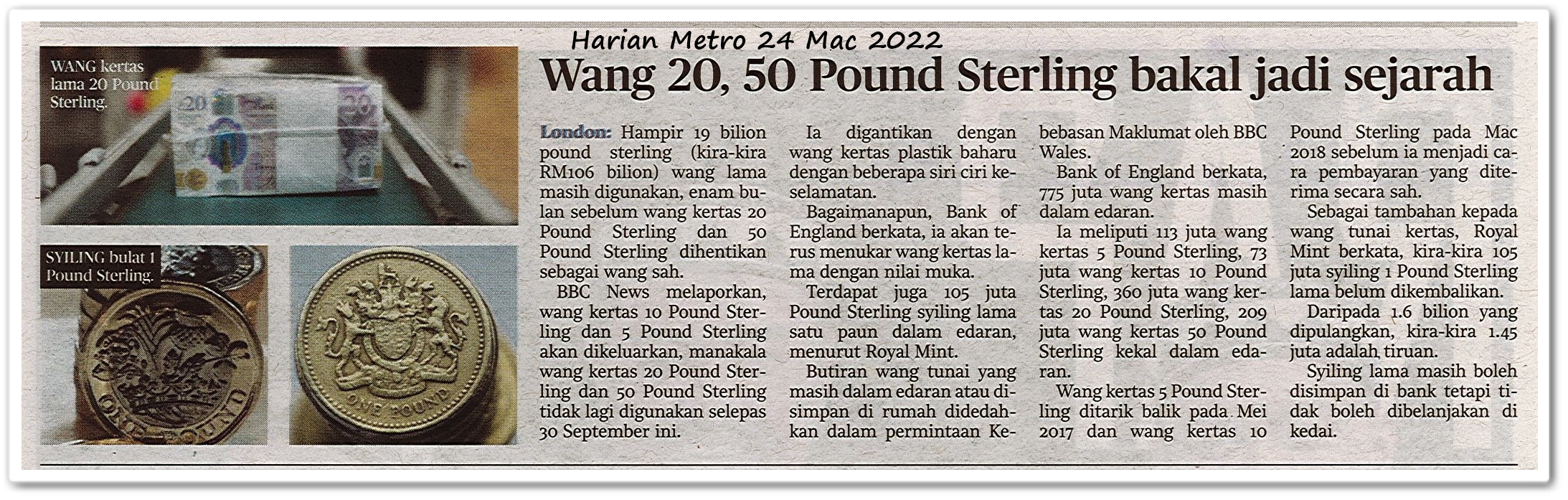 Wang 20, 50 Pound Sterling bakal jadi sejarah - Keratan akhbar Harian Metro 24 Mac 2022