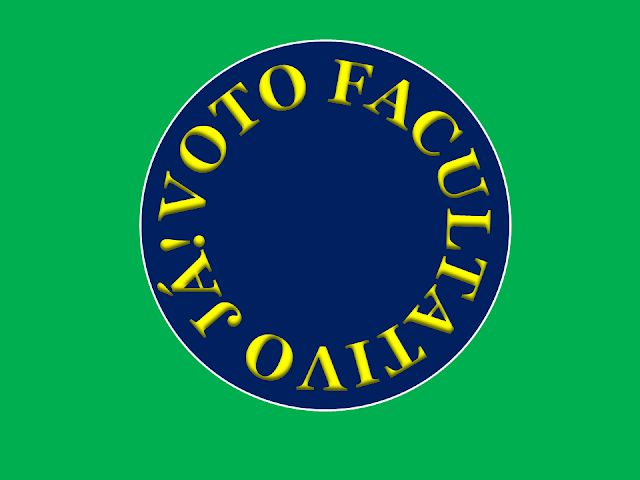 A imagem no formato de círculo nas cores do Brasil está inscrito em volta o apelo: voto facultativo já!