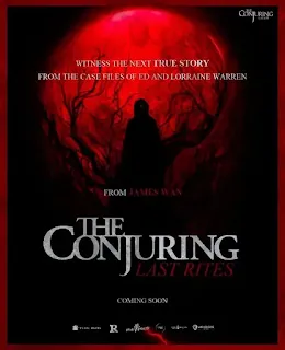 Poster resmi film The Conjuring: Last Rites dengan siluet hitam di tengah latar merah dan akar menyerupai darah.