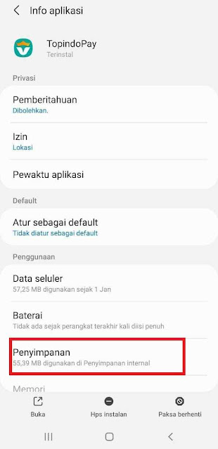 Pada halaman Info Aplikasi Topindopay pilih penyimpanan