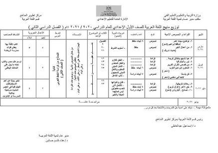 توزيع منهج اللغة العربية اولى اعدادي الترم الثاني 2021