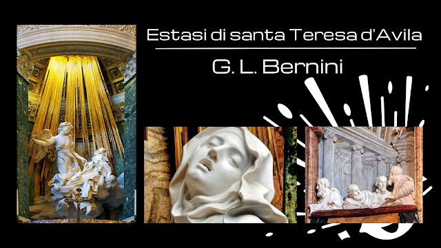 Il blocco scultoreo "Estasi di Santa Teresa d'Avila" (o Trasveberazione di santa Teresa) di G. B. Bernini e due immagini che ritraggono particolari di quest'ultima.
