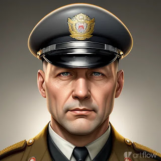 Artflow AI image of Ark Kozlowski, a steely eyed police officer in uniform wearing his cap.(Prompts: Hard boiled investigator, Polish, 1930s, acrobatic, former policeman, pulp)