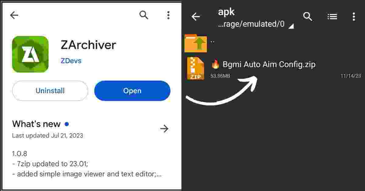 Bgmi auto aim config and Zarchiver app