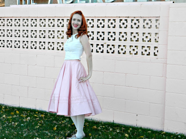 bow cropped top 1950s pink circle skirt spectators saddle shoes Just Peachy, Darling