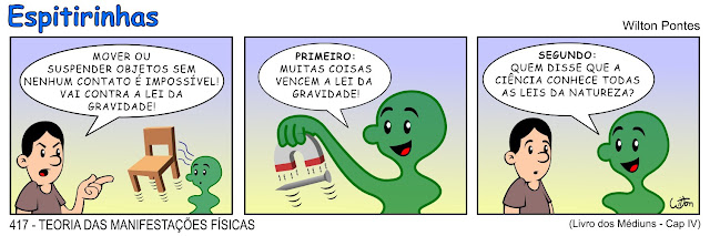 Espitirinha 417, TEORIA DAS MANIFESTAÇÕES FÍSICAS. No primeiro quadrinho uma pessoa, vendo um espírito fazer uma cadeira flutuar no ar, fala: MOVER OU SUSPENDER OBJETOS SEM NENHUM CONTATO É IMPOSSÍVEL! VAI CONTRA A LEI DA GRAVIDADE! No segundo quadrinho um espírito, segurando um ímã suspendendo um prego no ar, responde: PRIMEIRO: MUITAS COISAS VENCEM A LEI DA GRAVIDADE! No terceiro e último quadrinho e espirito fala para a pessoa: SEGUNDO: QUEM DISSE QUE A CIÊNCIA CONHECE TODAS AS LEIS DA NATUREZA? Baseado no capítulo 4 de O livro dos Médiuns.