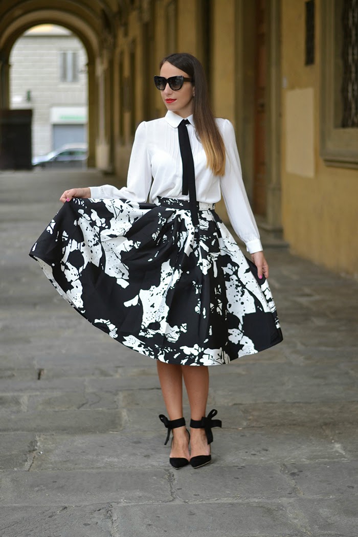 black white midi skirt