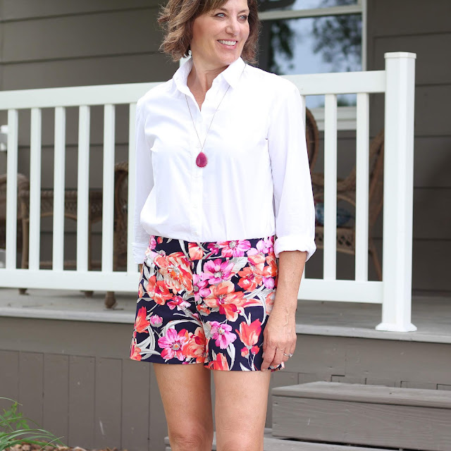 Maritime Shorts made from floral stretch sateen from Style Maker Fabrics