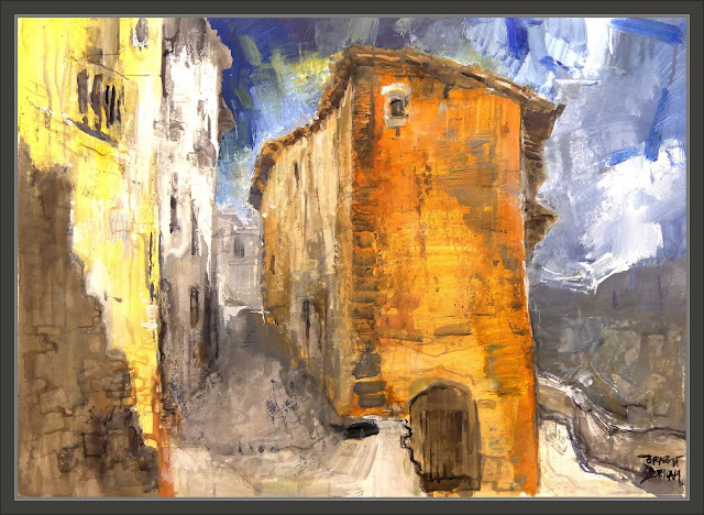 VILLARLUENGO-PINTURA-PAISAJES-MAESTRAZGO-CALLEJONES-SOL-CASAS-PINTOR-ERNEST DESCALS