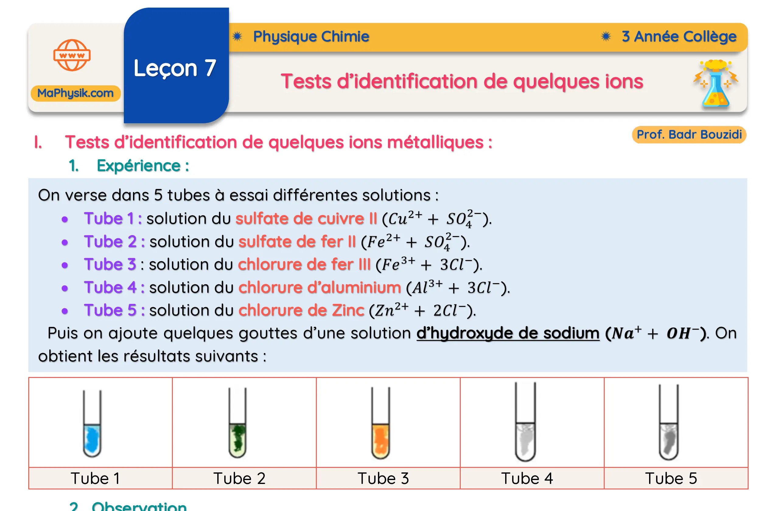 Leçon 7: Test d'identification de quelques ions| Phyique chimie | 3 Année Colège
