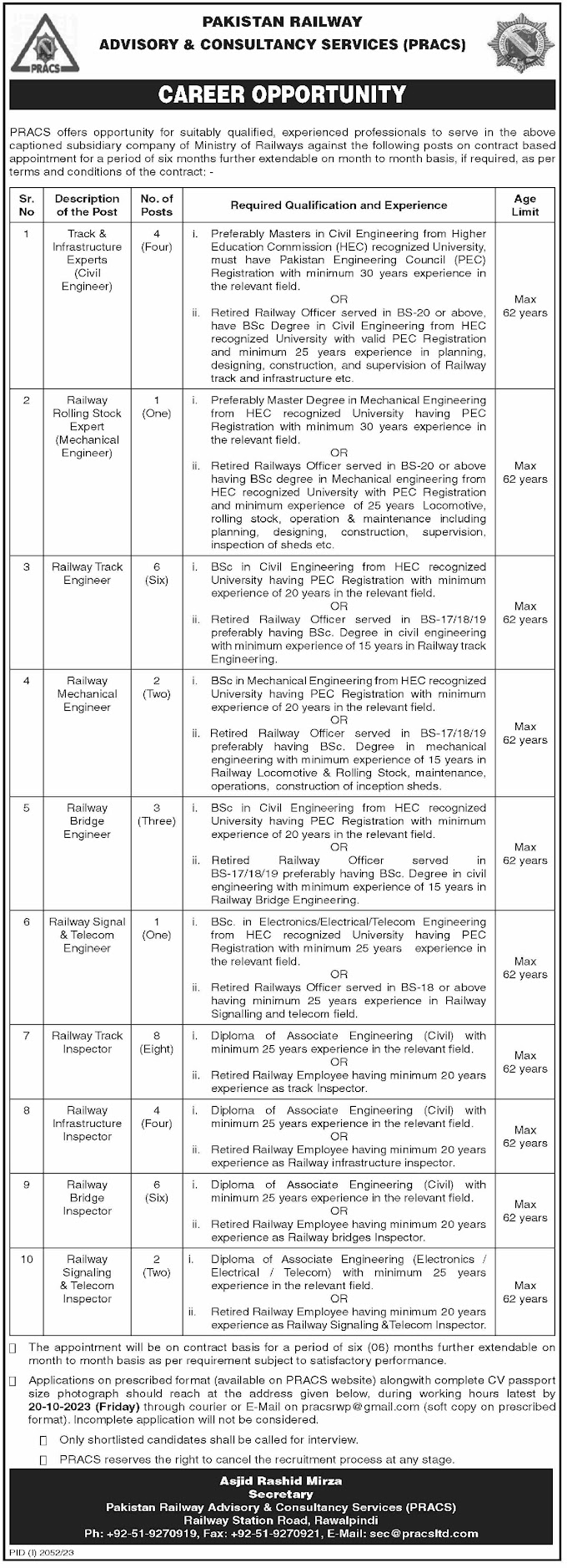 Pakistan Railway Advisory & Consultancy Services Jobs 2023 | PRACS Engineering Consultant Islamabad Job Vacancies 2023 Online Application