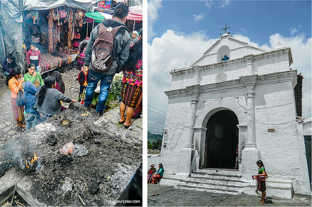 Queima de incenso e oferenda de flores, ritual indígena no Mercado de Chichicastenango, Guatemala