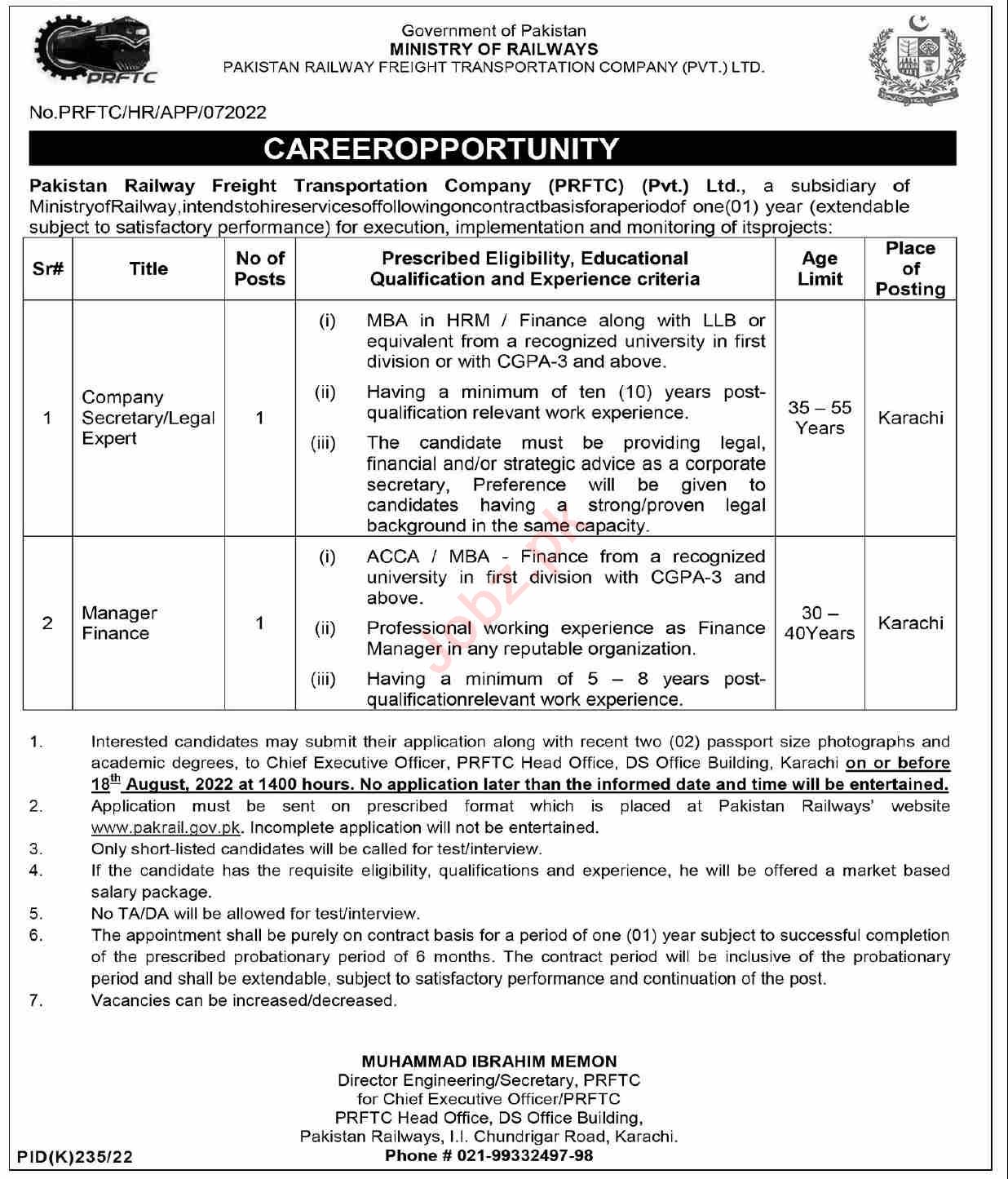 Latest Ministry of Railways Management Posts Karachi 2022