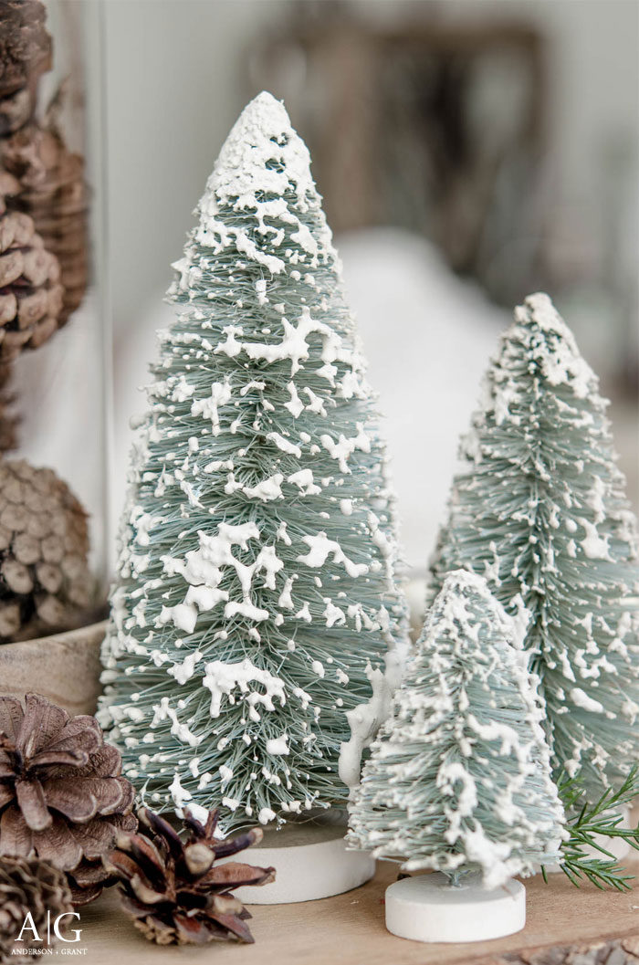 A collection of bottlebrush trees covered in snow....simple winter decor.  |  www.andersonandgrant.com