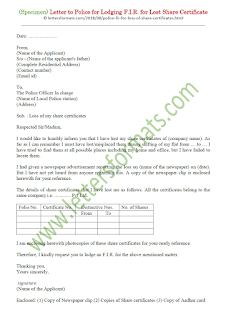 Letter to Police for Lodging an F.I.R. for Lost Share Certificates