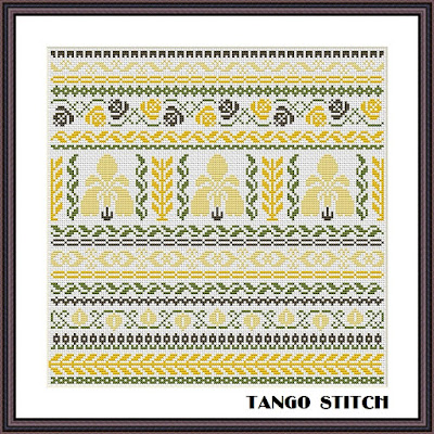 Yellow Art Nouveau ornament sampler cross stitch pattern - Tango Stitch
