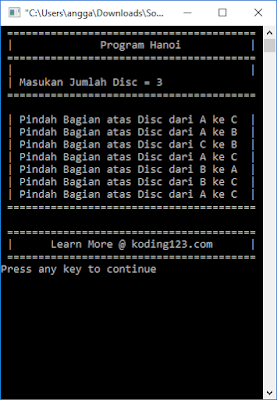 koding123 koding123.com Tutorial Cara Membuat Program Menara Hanoi algoritma bahasa pemrograman C++ C/C++