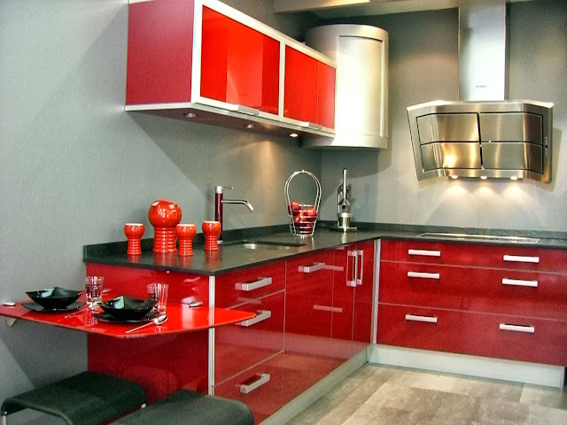 Diseño de cocina moderna,  cocina minimalista, cocina en blanco y rojo