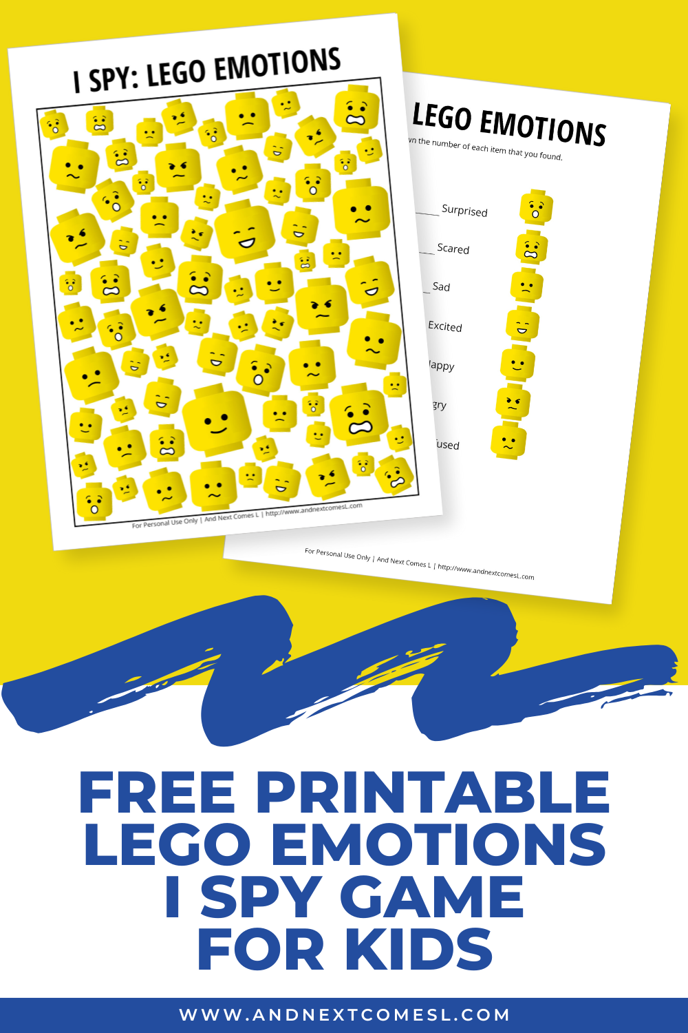 Free printable LEGO emotions themed I spy game for kids