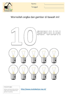 Mewarnai Angka 10 (sepuluh) dan Mewarnai Lampu