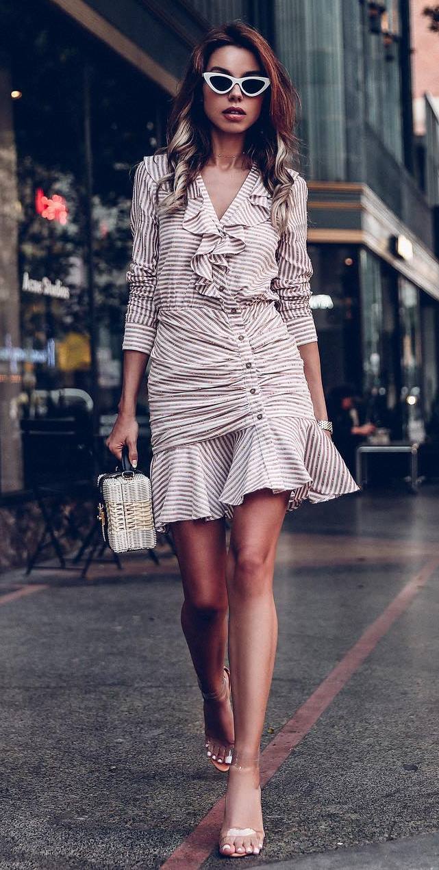 elegant outfit / striped dress + straw bag + heels