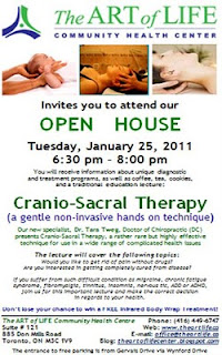 Craniosacral Therapy - gentle non-invasive hands on technique: open house poster by Toronto The Art of Life Community Health Centre